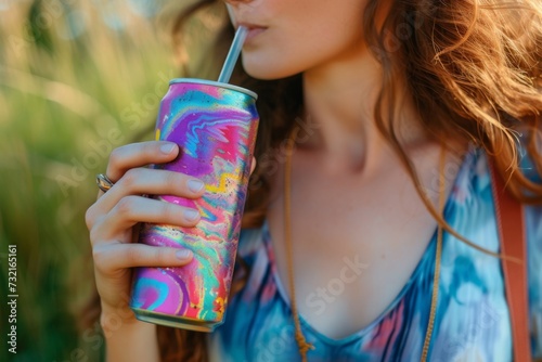 Woman drinks from a colorful beverage can with a straw.