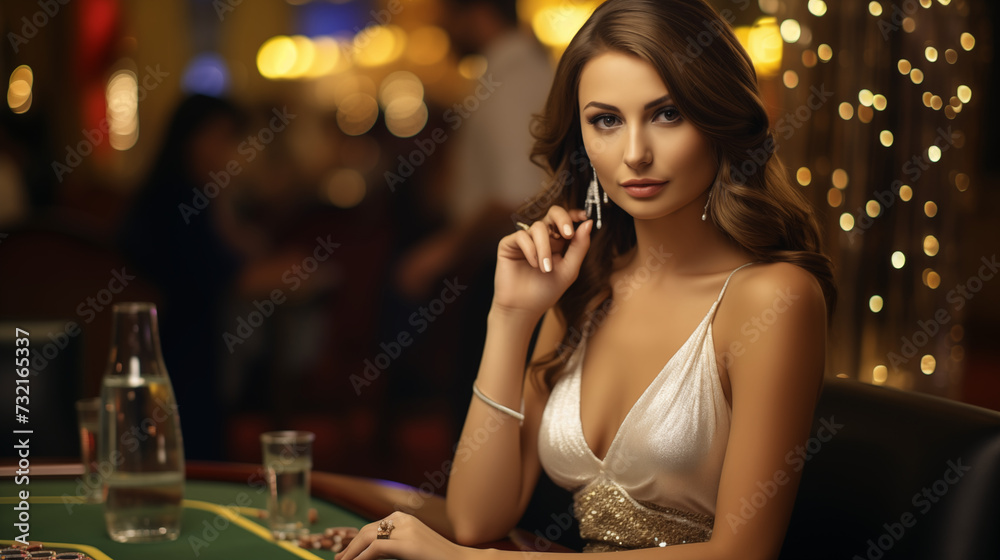 Smiling woman dealer at an empty poker table