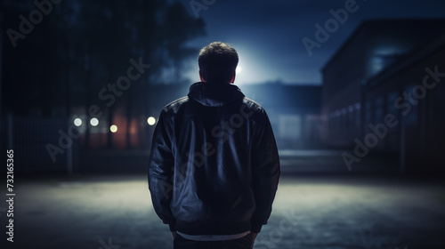 back view of young man on the night city background. portrait of young man, rear view. Retired adult man rear view