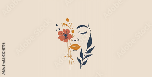 Abstract woman face with flowers. Hand drawn vector illustration in minimal style.Beautiful woman face with floral leaves  vector illustration in flat style