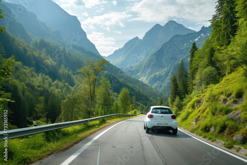 Electric Car Adventure: Eco-Friendly Travel on a Windy Road Through Vibrant Green Mountain Forests © God Image