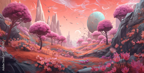 Fantasy landscape with fantasy trees and flowers. 3D illustration.