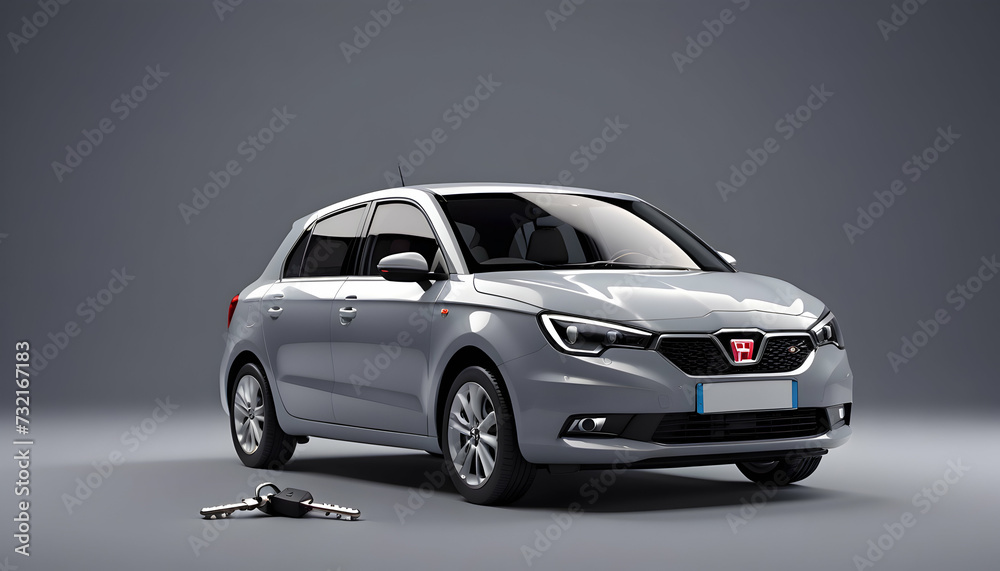 A 3D rendered rental car with a key,