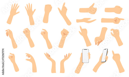Hands pose, Hand holding mobile phone, palm pointing at something on white background. vector set in flat style isolated. photo