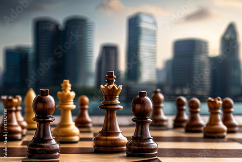Business strategy in motion: Chess pieces on chessboard against cityscape backdrop. Perfect for business concepts. 