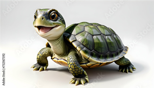 Adorable 3D-rendered turtle with a charming smile, situated on a white background
