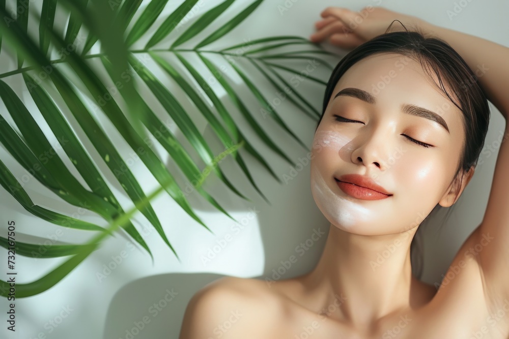 Skincare Model lavender oil. Beautiful Woman uses face cream, natural ingredient, skin care products, youth elixir lip balm, lotion & eye patch. Natural soap dispenser jar balancing cream pot