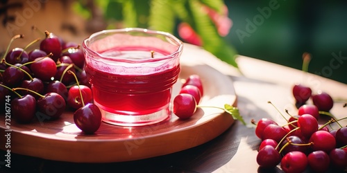 cherry juice in a glass on the table with cherries photo