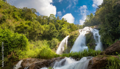 Waterfall flowing through green forest  clear blue sky with fluffy clouds  beautiful nature background