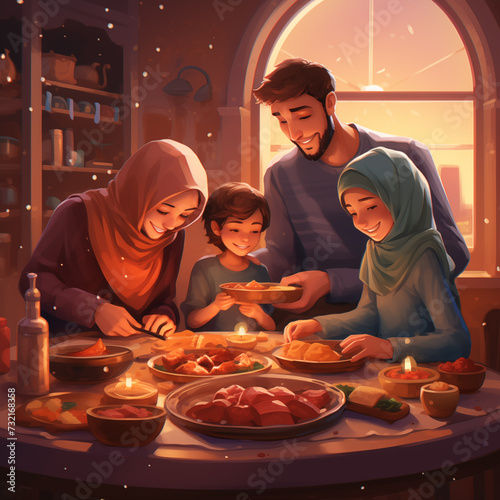 happy muslim family celebrates ramadan by eating iftar together, cartoon character style for children, Ramadan Kareem, Ramadan Mubarak, generative AI