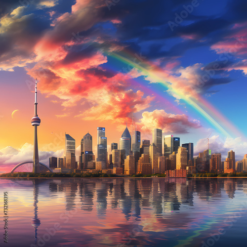 A city skyline with a rainbow-colored sky.