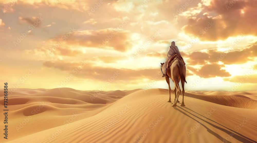 camel rider in the middle of the sand desert with clear sky ramadan loop animation background illustration