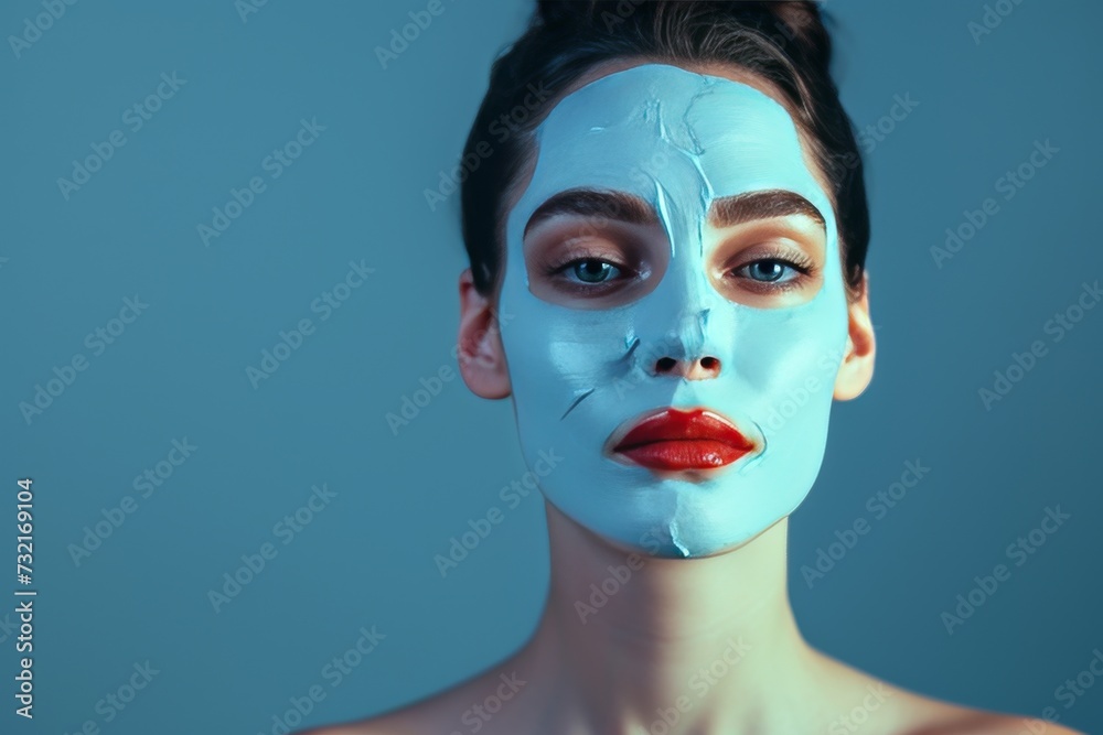 Skincare Model wellness community. Beautiful Woman uses face cream, lounge, skin care products, pore refining cream lip balm, lotion & eye patch. Natural peel off mask jar pollution skincare pot