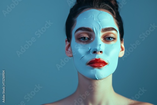 Skincare Model wellness community. Beautiful Woman uses face cream, lounge, skin care products, pore refining cream lip balm, lotion & eye patch. Natural peel off mask jar pollution skincare pot photo