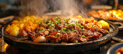 A delicious dish  consisting of meat and potatoes  is being cooked on a stove using a pan.
