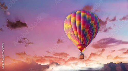 Colorful hot air balloon flying in the blue sky travel loop animation background illustration photo