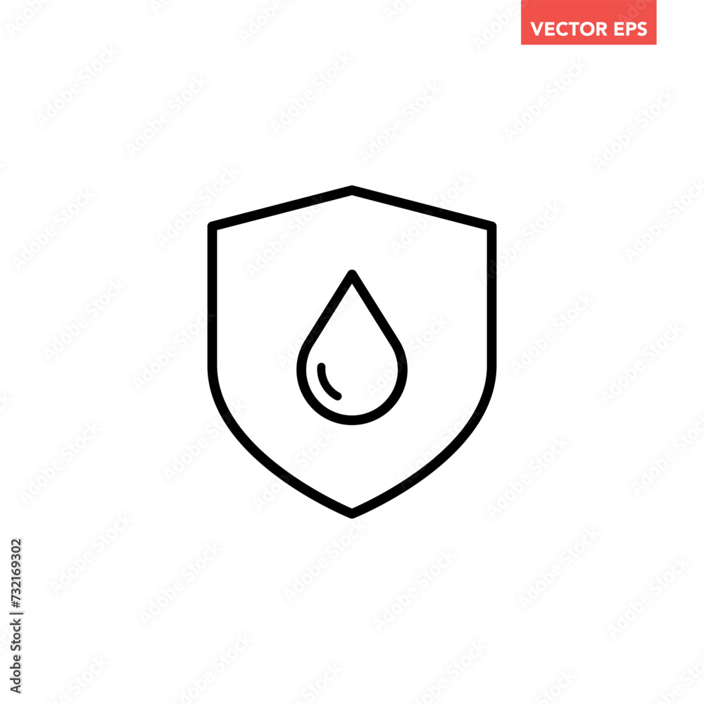 Black single waterproof line icon, simple shield with rain drop proof flat design vector pictogram, infographic interface elements for app logo web button ui ux isolated on white background Black single waterproof line icon, simple shield with rain drop proof flat design vector pictogram, infographic interface elements for app logo web button ui ux isolated on white background