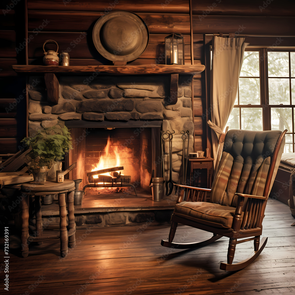 A cozy fireplace in a cabin with a rocking chair.