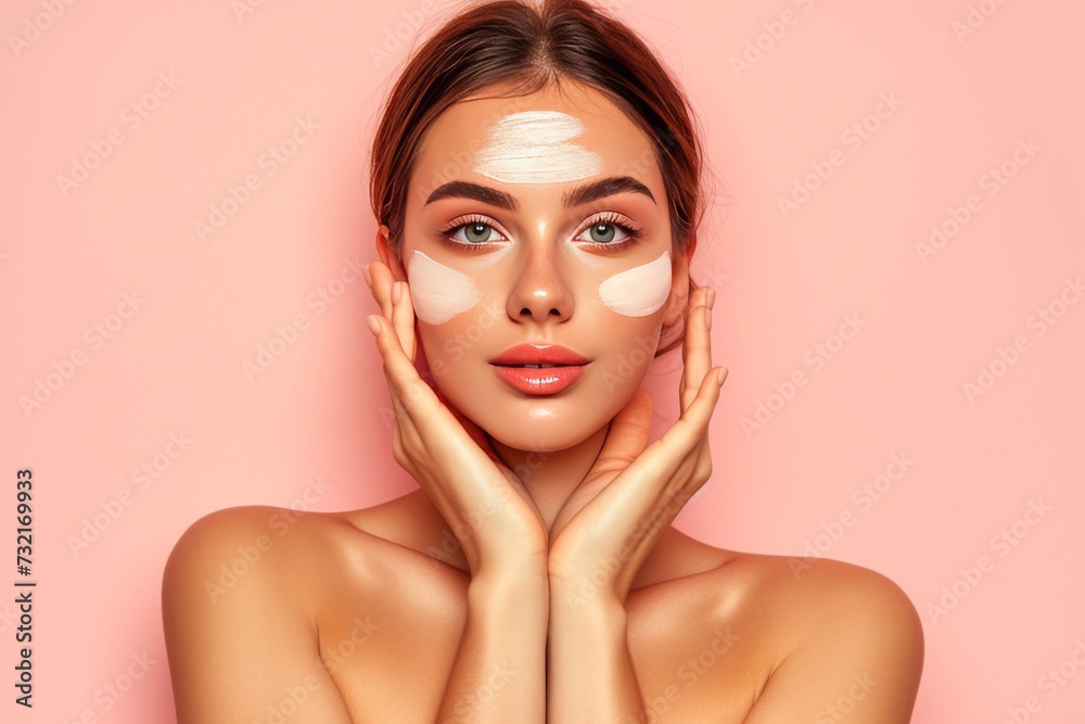 Skincare Model fashion model. Beautiful Woman uses face cream, retinol for dark spot, skin care products, magazine mockup lip balm, lotion & eye patch. Natural hyaluronic acid jar pirate patch pot