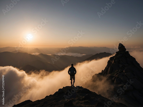 Successful concept, Silhouette of a man on a mountaintop covered in mist at sunset.