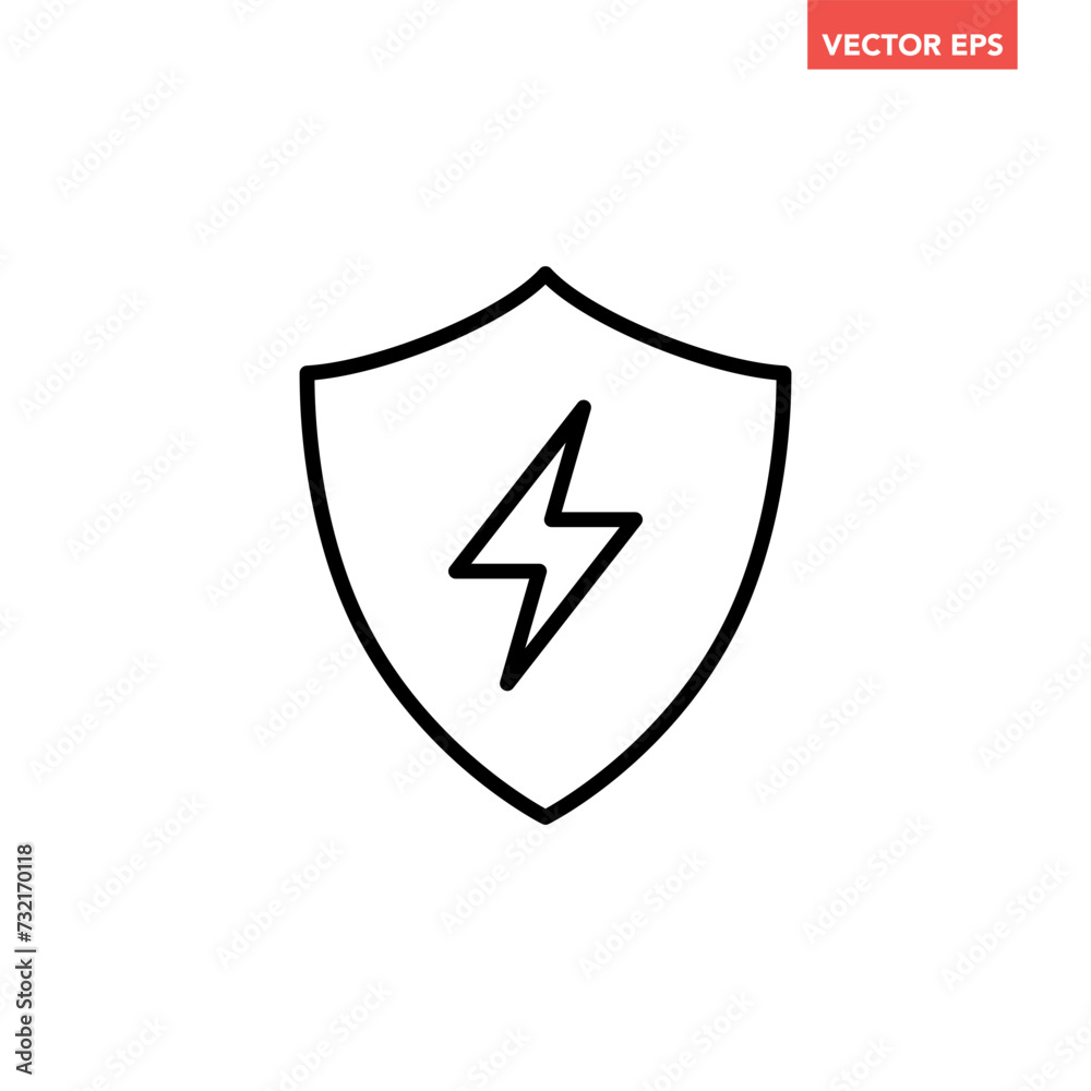 Black single electric shield line icon, simple electric protection flat design vector pictogram, infographic interface elements for app logo web button ui ux isolated on white background Black single electric shield line icon, simple electric protection flat design vector pictogram, infographic interface elements for app logo web button ui ux isolated on white background