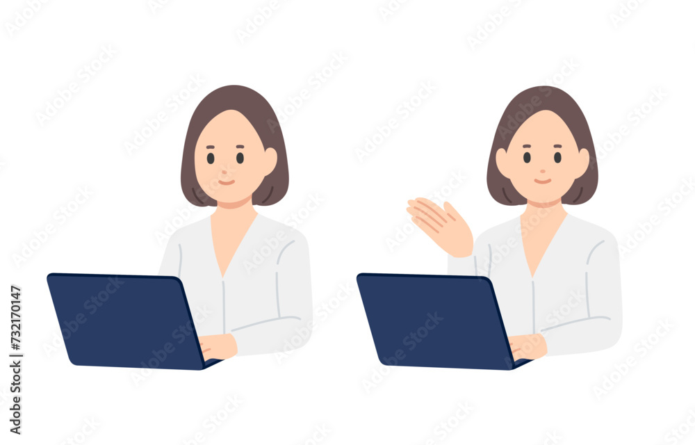 パソコンを見る・案内のポーズをするビジネスパーソン女性のセット【人物ベクターイラスト素材】 パソコンを見る・案内のポーズをするビジネスパーソン女性のセット【人物ベクターイラスト素材】