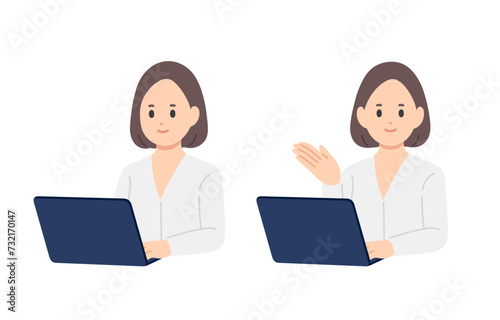 パソコンを見る･案内のポーズをするビジネスパーソン女性のセット【人物ベクターイラスト素材】