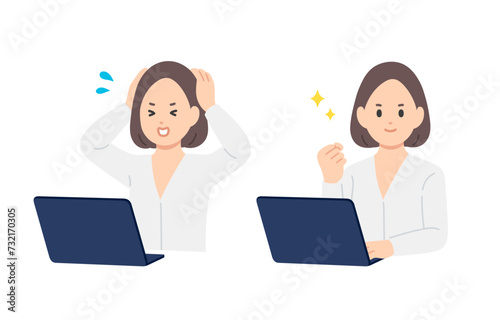 パソコンを見て焦る･ガッツポーズをするビジネスパーソン女性のセット【人物ベクターイラスト素材】