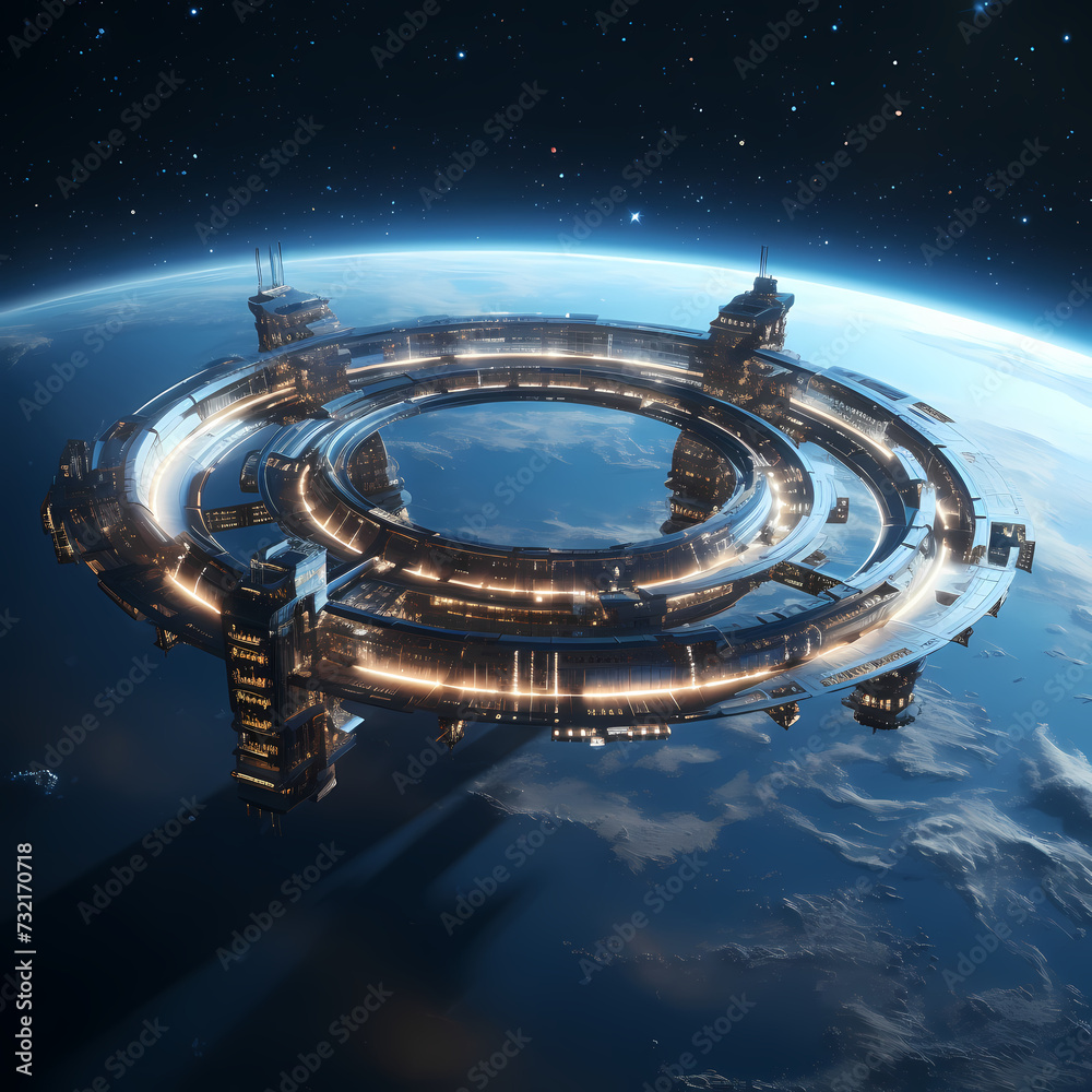 A futuristic space station in orbit around a planet
