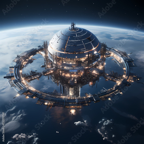A futuristic space station in orbit around a planet photo