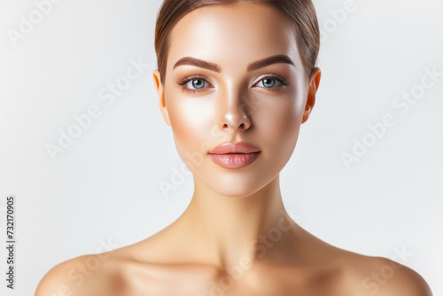 Skincare Model self reflection. Beautiful Woman uses face cream, open space, skin care products, eye covering lip balm, lotion & eye patch. Natural anti aging skincare jar chiropractic adjustment pot