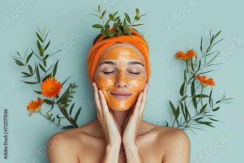 Skincare Model workplace wellness. Well groomed woman uses face cream, sea buckthorn extract, daily routine lip balm, lotion & eye patch. Skin care spa escape jar urticaria pigmentosa pot photo