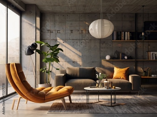 Modern interior design of a living room in an apartment, house, office, bright modern interior details and sun rays from the window against the background of concrete walls.
 photo