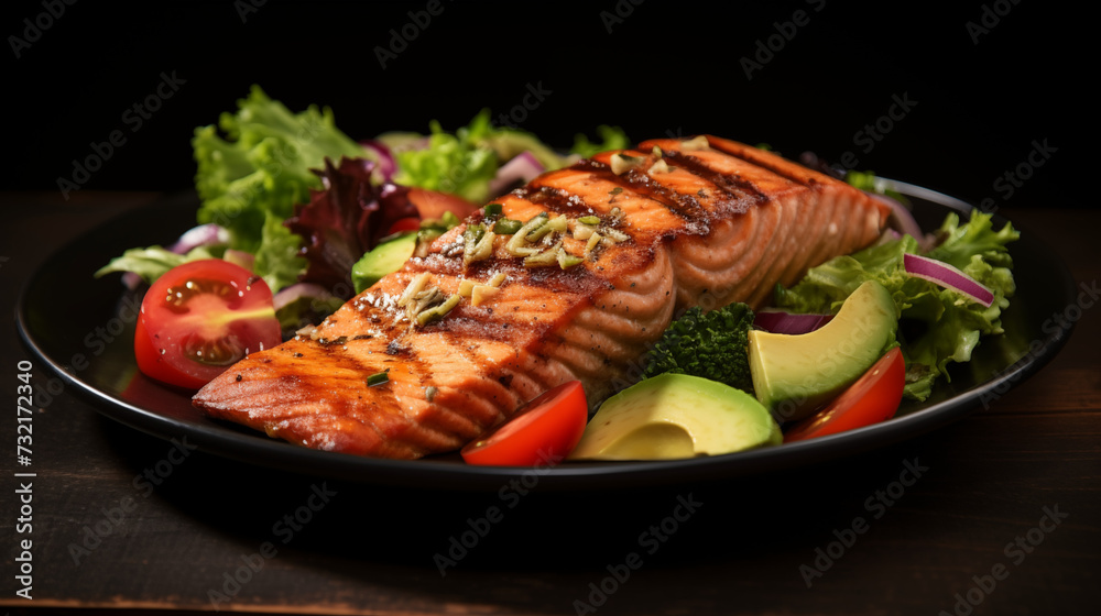 Grilled Salmon With Fresh Garden Vegetables And Avocado