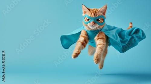 A cat with super hero cat concept flying against blue backdrop, Generative AI.