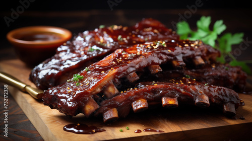 A Rack of Delicious Glazed Baby Back Ribs or Barbecue Pork Spare Ribs with Honey Glaze Barbecue Sauce And Herb Seasoned