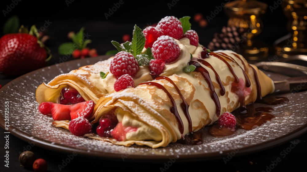 Decadent Vanilla Creme Filled Crepes Topped with Fresh Raspberries, Strawberries Garnished with Mint Leaves and Chocolate Syrup Drizzle