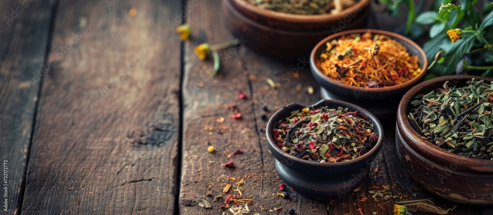 A wooden table adorned with flowerpots filled with aromatic herbs and spices, perfect for enhancing the flavors in your cuisine. A wooden table adorned with flowerpots filled with aromatic herbs and spices, perfect for enhancing the flavors in your cuisine.