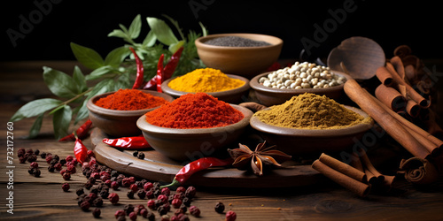  Homesman Composition with assortment of spices and herded curry in plate on wooden table background spices close up Pepper, turmeric thyme paprika cumin.