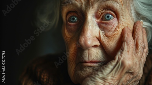 An elderly woman with a trembling hand and an anxious expression embodying an anxious personality disorder.