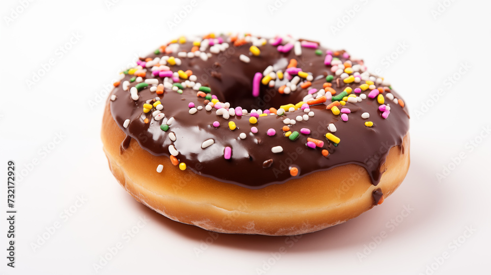 Closeup image of a Chocolate Frosting Donut with Rainbow Sprinkles