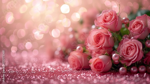 A pink surface with bunch of roses and glittering blurry backdrop  Generative AI.