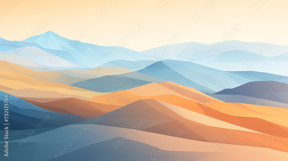 Vivid paper mountains, textured layers, low poly, elegant brushstrokes, marine views, abstract art, orange-blue palette.