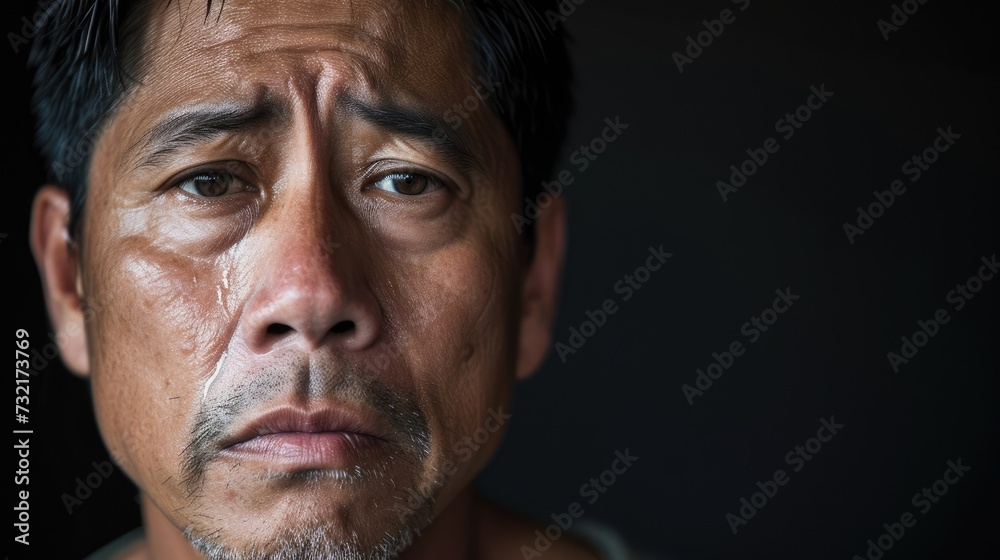 A man of Asian descent with tears in his eyes and a pained expression as he experiences withdrawal from opioids.