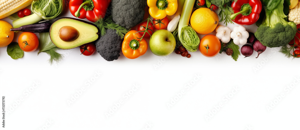 PrintBanner from various vegetables and fruits isolated on white background, top view, creative flat layout. Concept of healthy eating, food background. PrintBanner from various vegetables and fruits isolated on white background, top view, creative flat layout. Concept of healthy eating, food background.