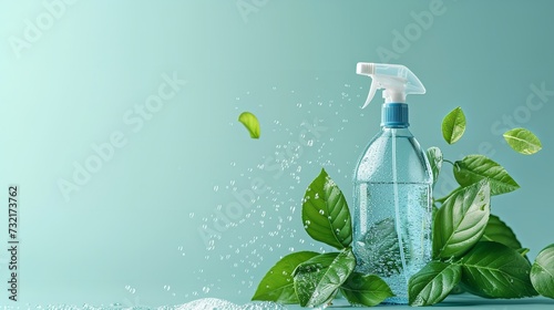 A water sprayer bottle kept in a clean surface with space with leaves and nature  Generative AI.