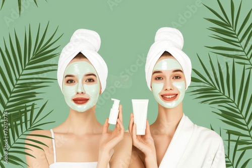 Skincare Model skin health. Well groomed woman uses personal grooming, age defying lifting lip balm, lotion & eye patch. Face cream nighttime glow boosting cream jar chlorophyll photosynthesis pot