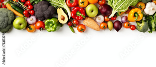 PrintBanner from various vegetables and fruits isolated on white background, top view, creative flat layout. Concept of healthy eating, food background.