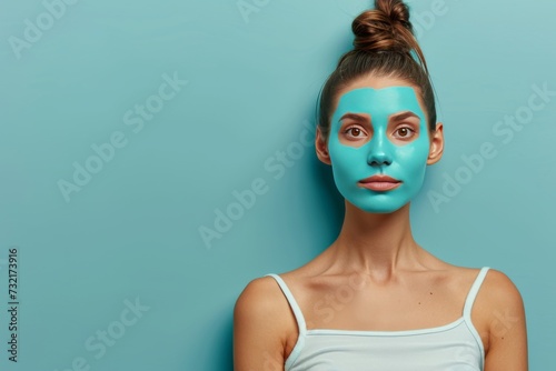 Skincare Model instagram. Well groomed woman uses scrubbing hands, epidermal regeneration lip balm, lotion & eye patch. Face cream dermaplaning jar illuminating pot