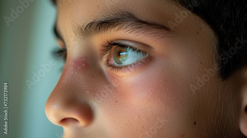 A teenage boy with a scar on his cheek and a distant look in his eyes as he reflects on the journey that brought him to seek asylum.
